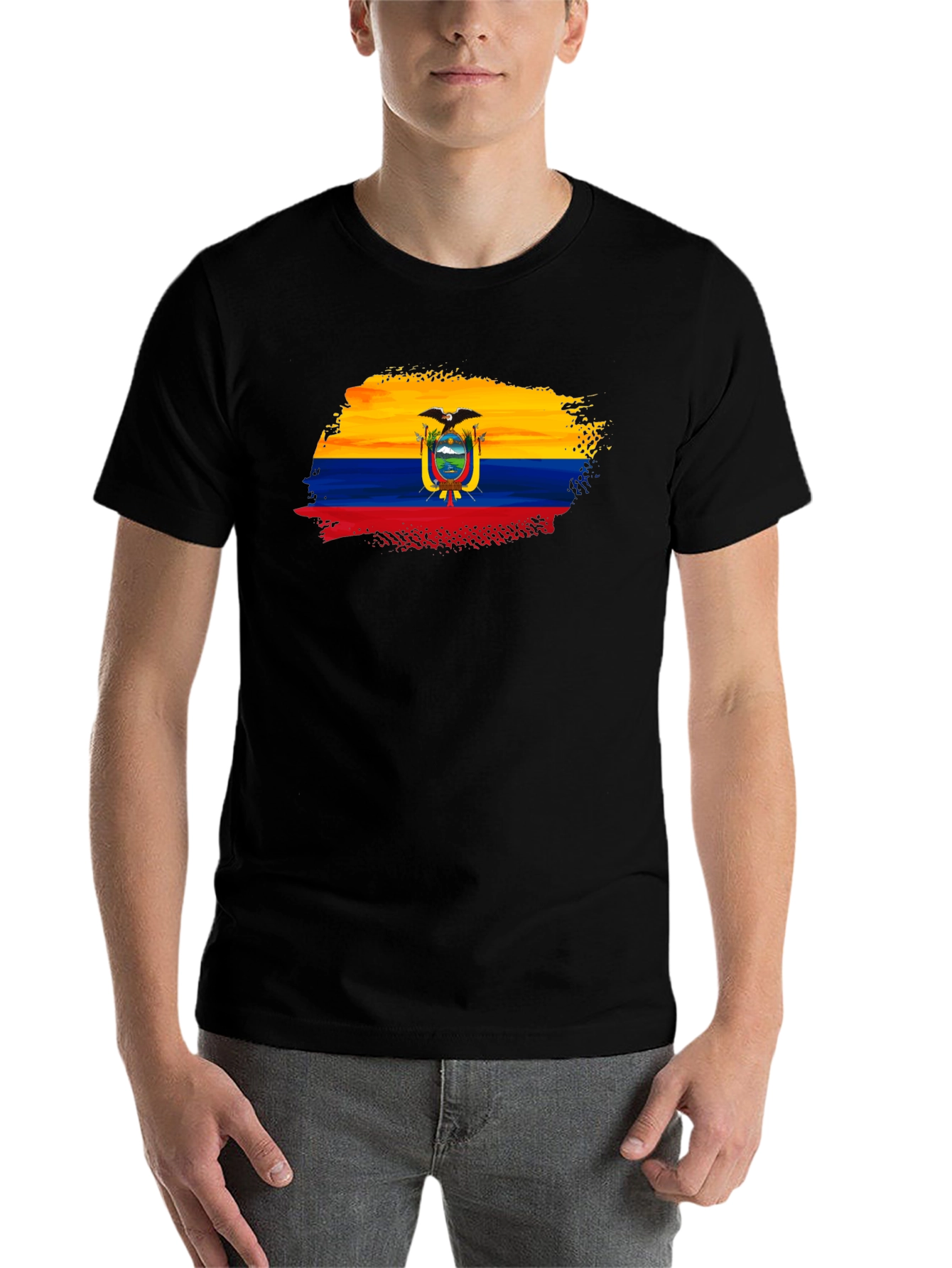 Ecuador Flag Brushstroke Mens Black T-Shirt
