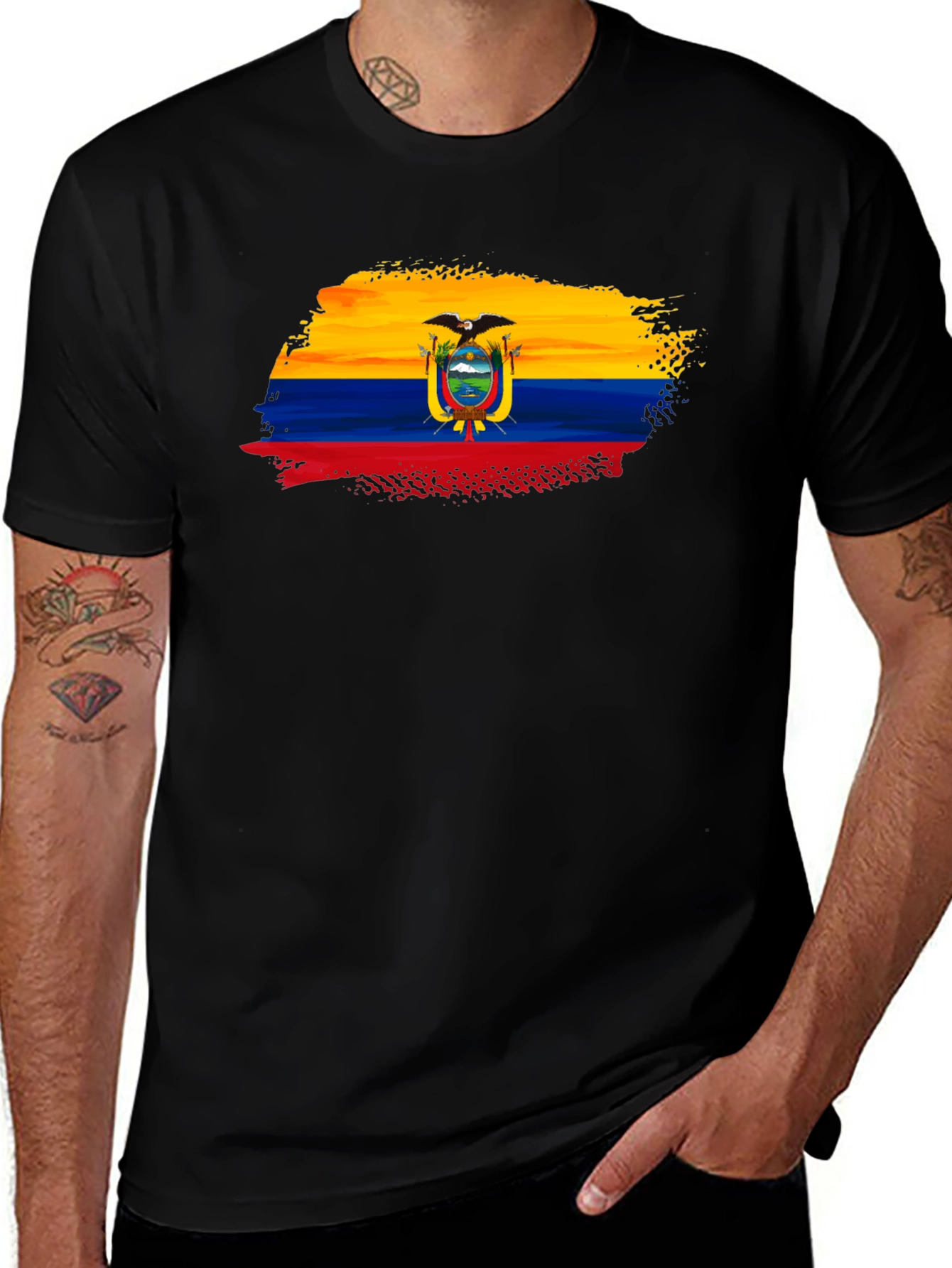 Ecuador Flag Brushstroke Mens Black T-Shirt
