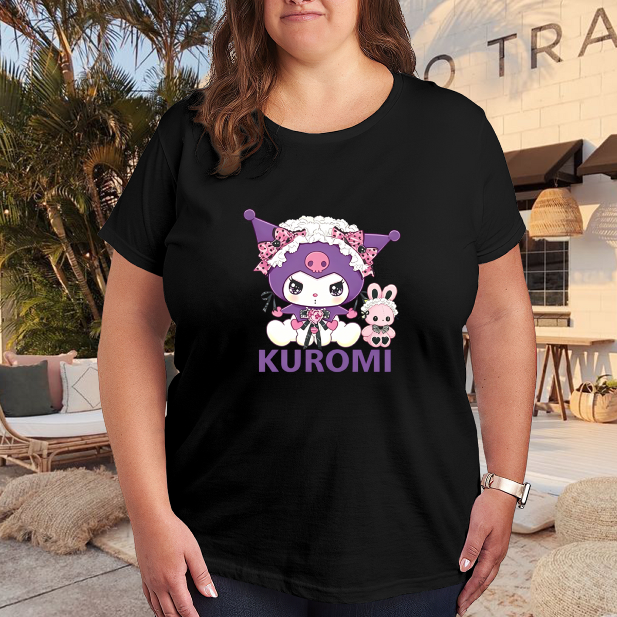 Lolita?Style Lace Kuromi Character Plus Size Women Black Graphic T?Shirt