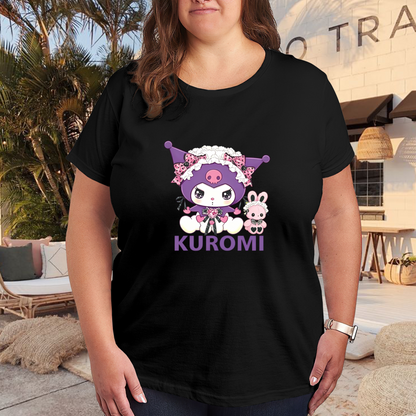 Lolita?Style Lace Kuromi Character Plus Size Women Black Graphic T?Shirt