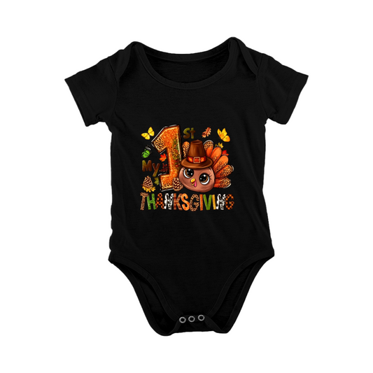 My 1st Thanksgiving Cute Turkey Fall Leopard Baby Bodysuit