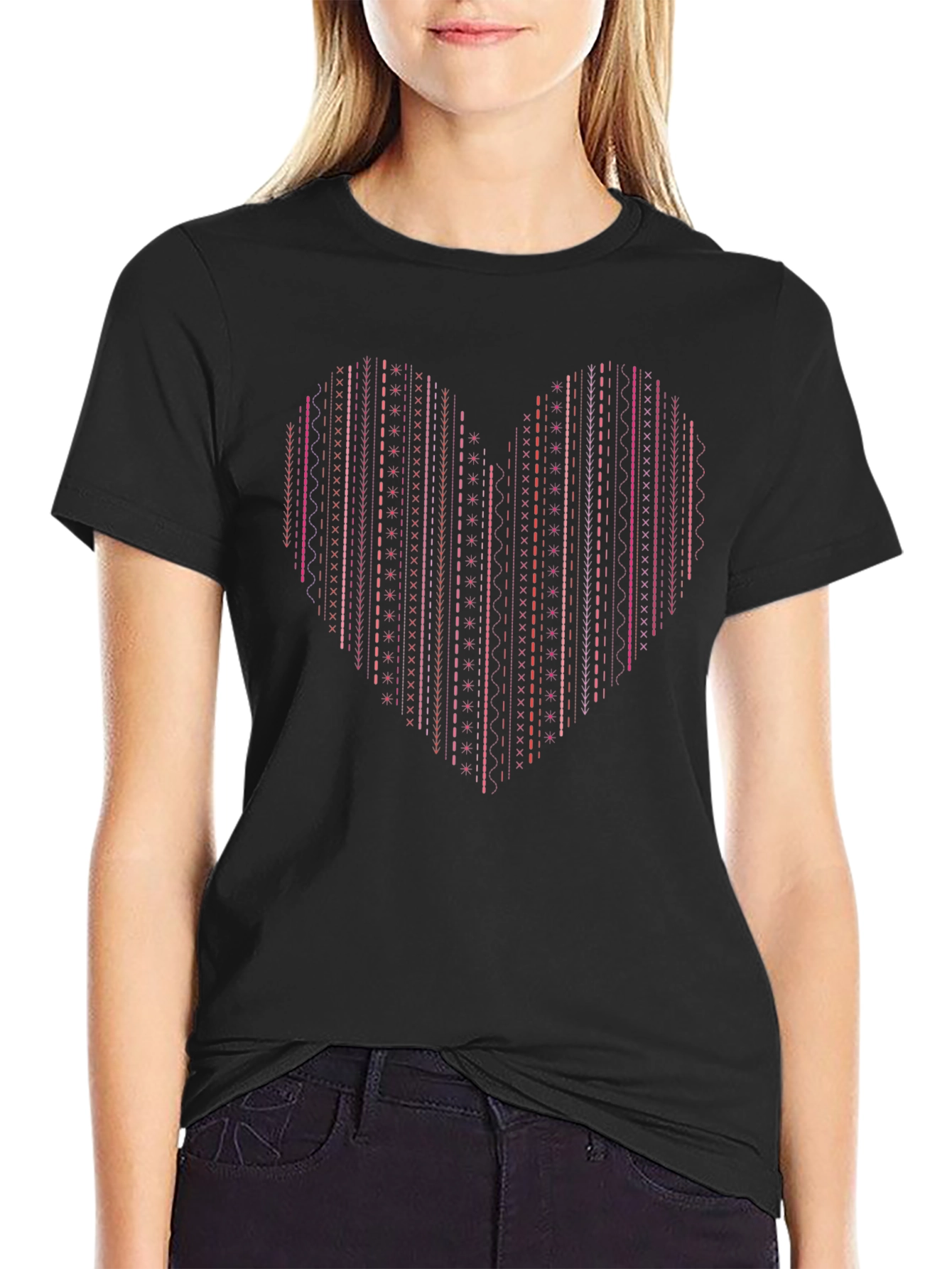 Heart Stitch Print Black T-Shirt