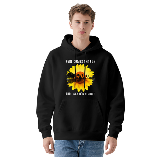 Here Comes The Sun Sunflower Retro Relaxed Black Hoodie, Music Fan Soft Top