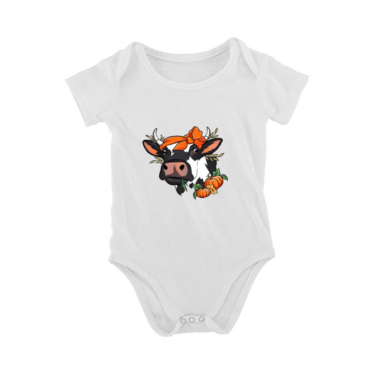 Fall Pumpkin Cow With Orange Bow Baby Onesie, Cute Farm Animal Newborn Outfit
