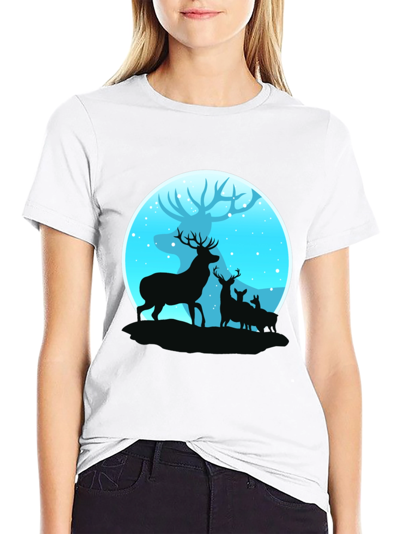 Deer Silhouette Graphic Print Black T-Shirt
