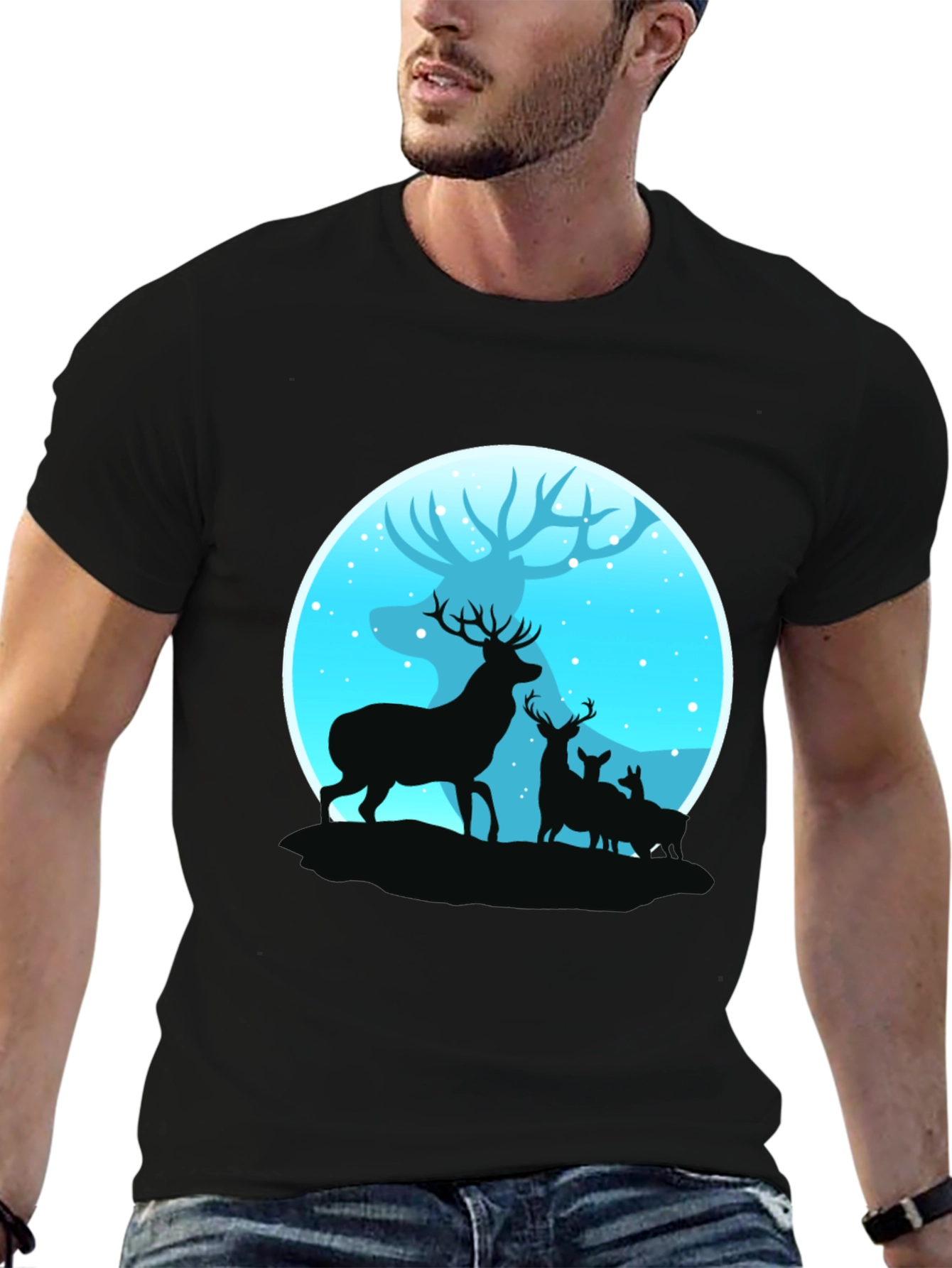 Deer Silhouette Graphic Print Black T-Shirt