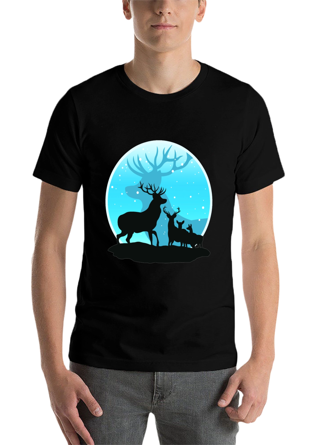 Deer Silhouette Graphic Print Black T-Shirt