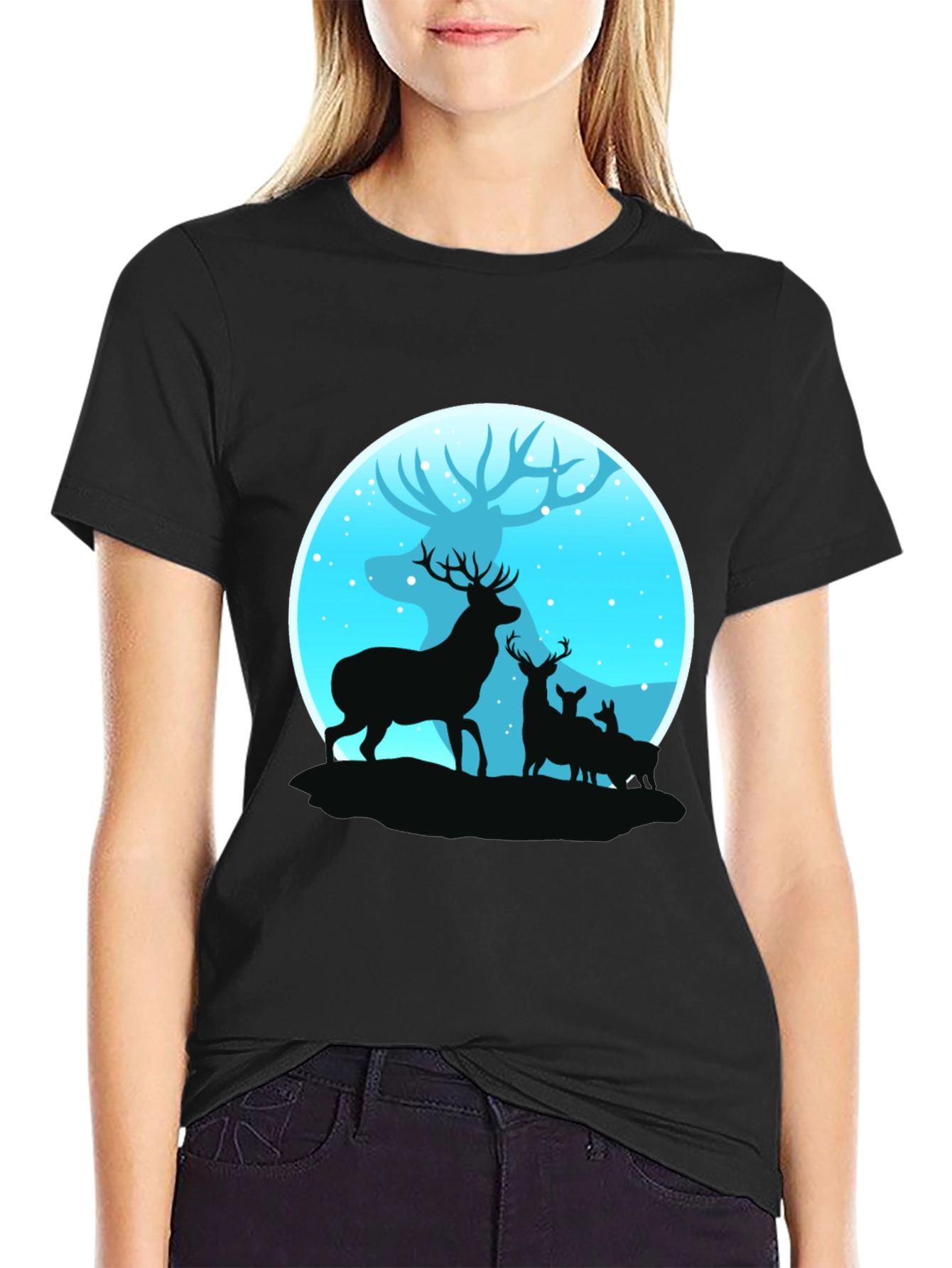 Deer Silhouette Graphic Print Black T-Shirt
