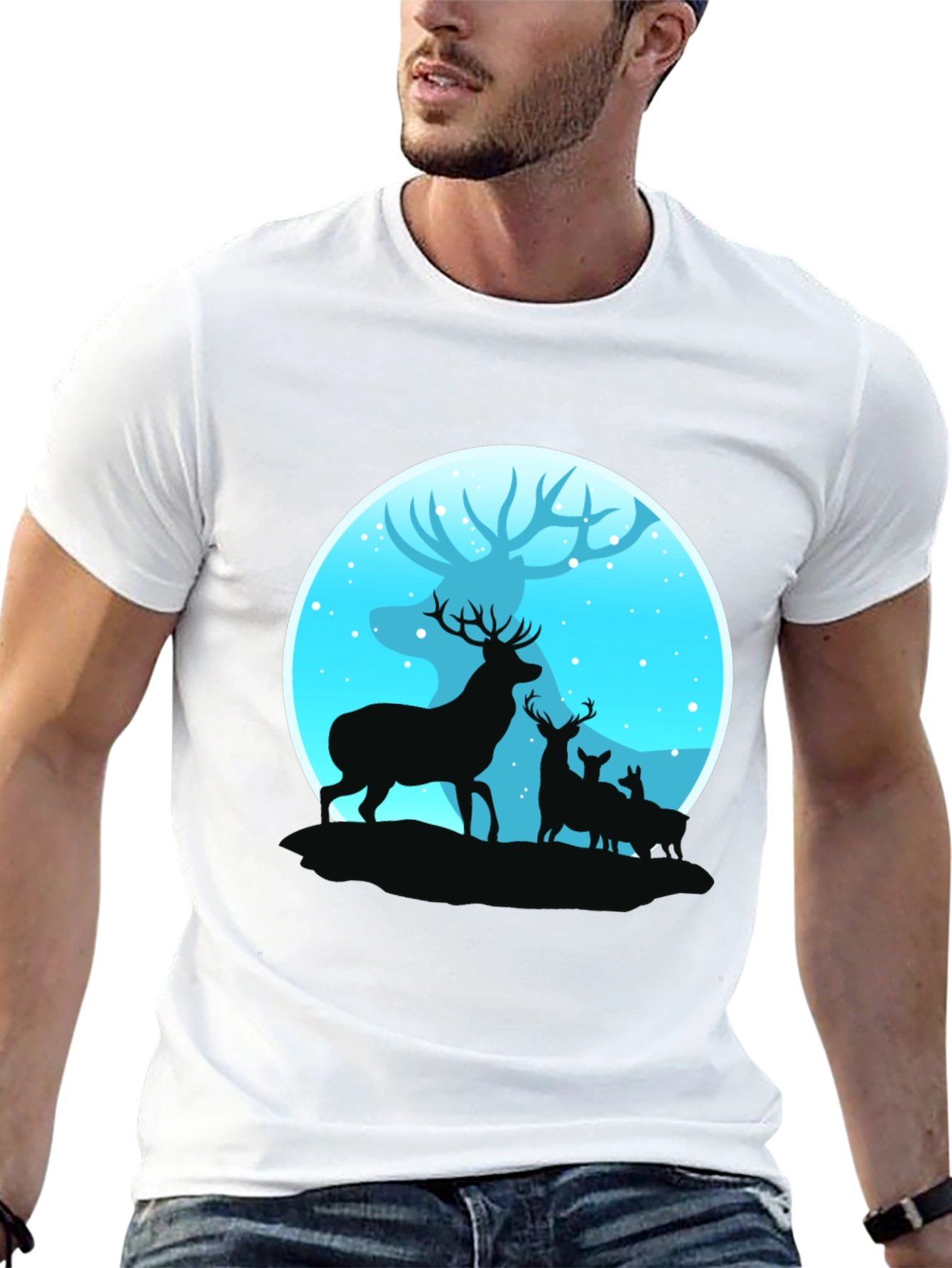 Deer Silhouette Graphic Print Black T-Shirt
