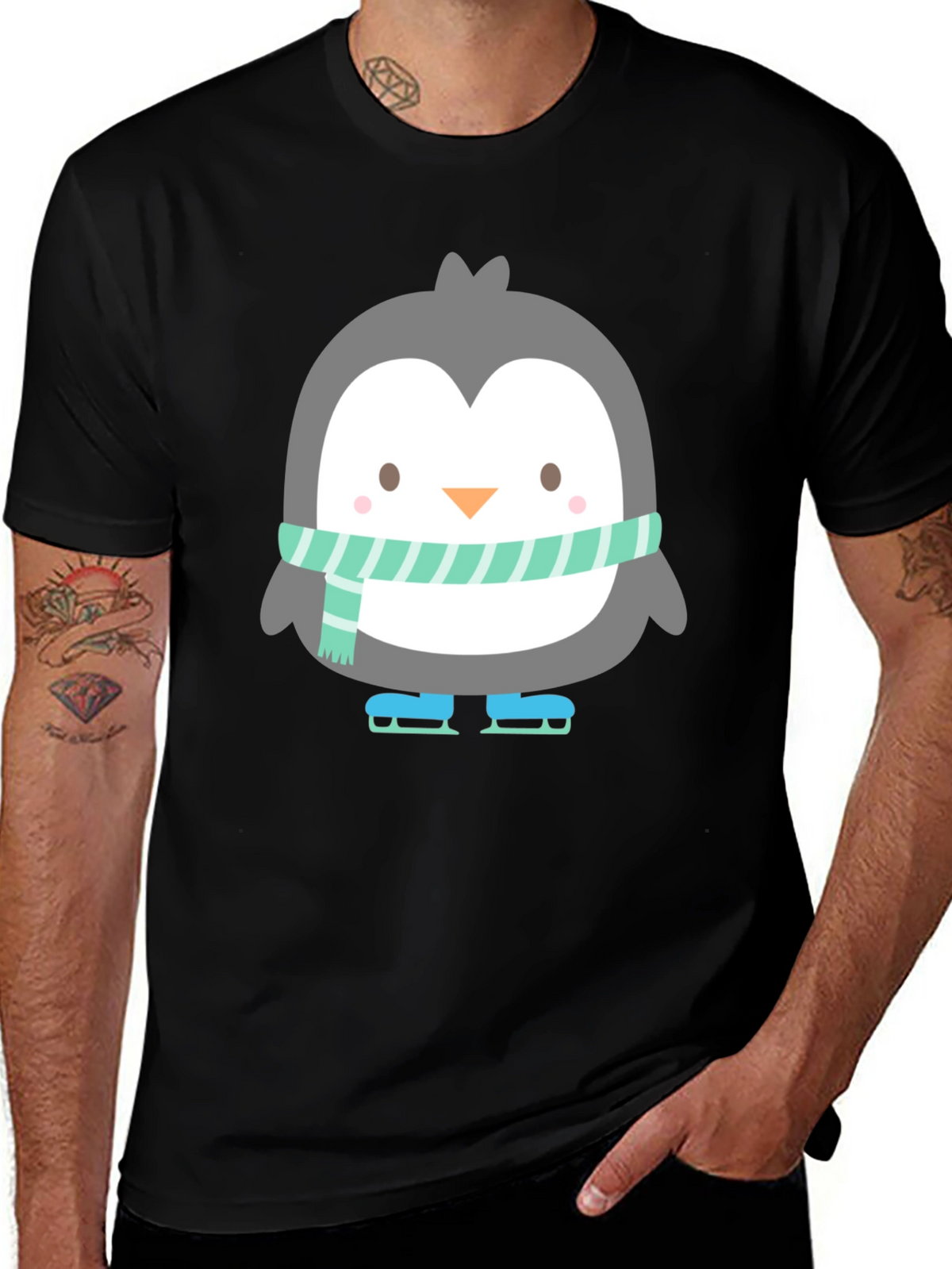 Cute Penguin Ice Skating Black T-Shirt