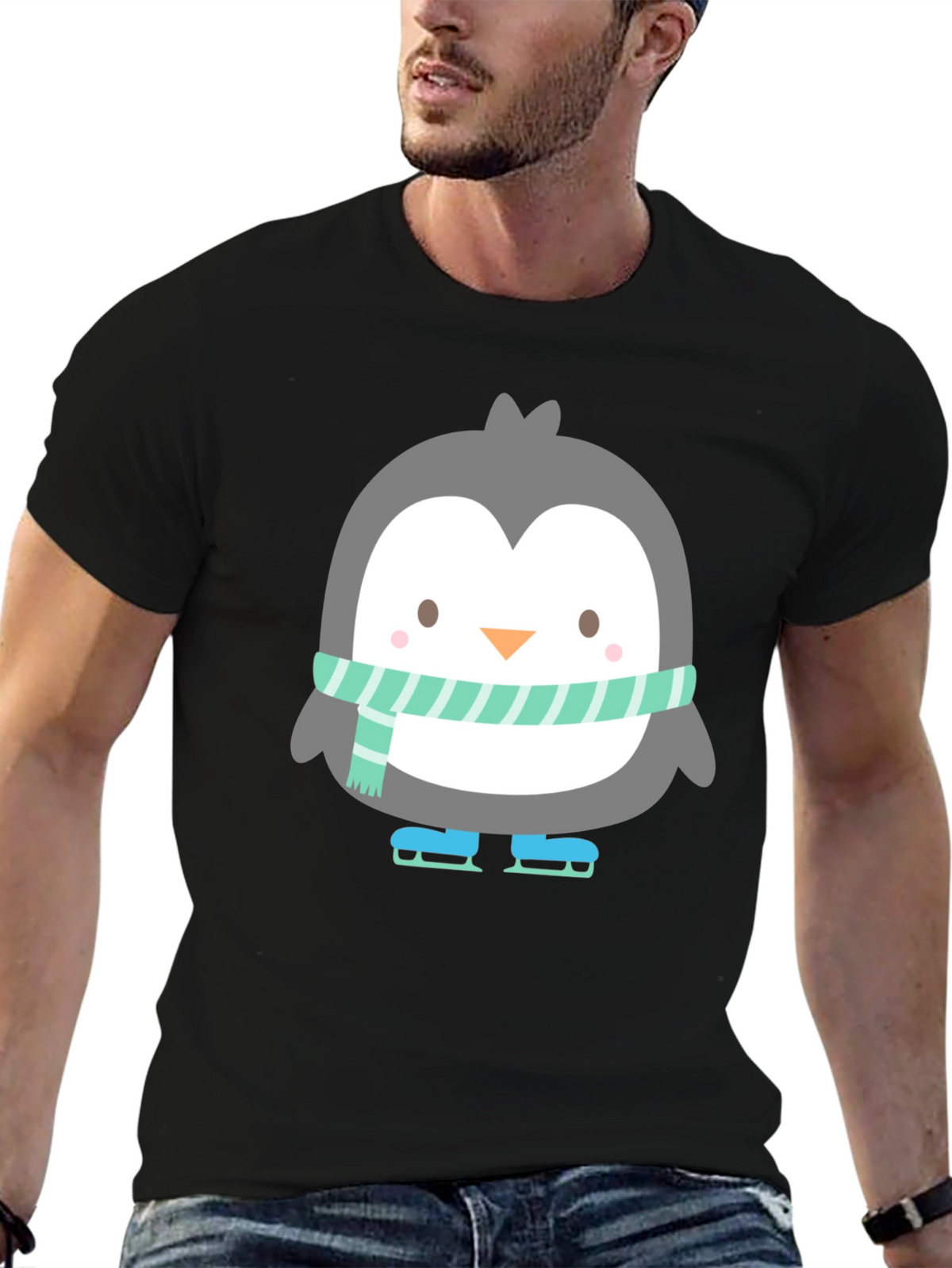 Cute Penguin Ice Skating Black T-Shirt