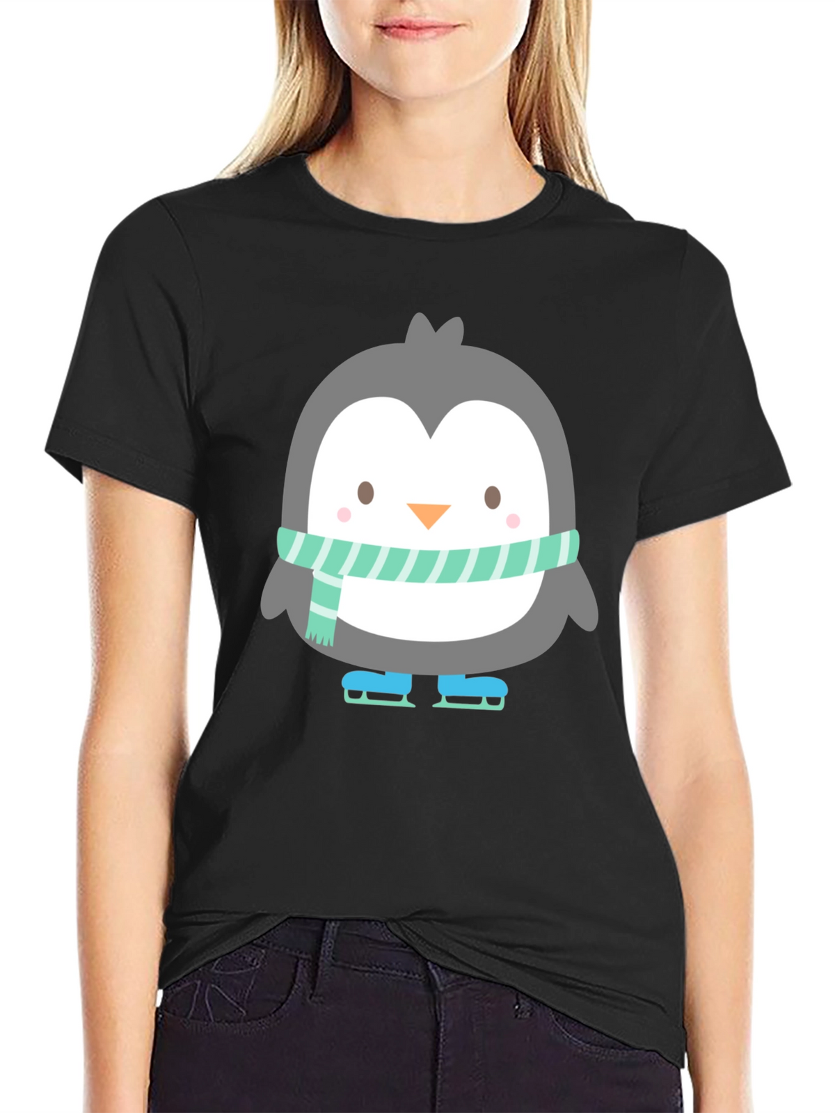 Cute Penguin Ice Skating Black T-Shirt