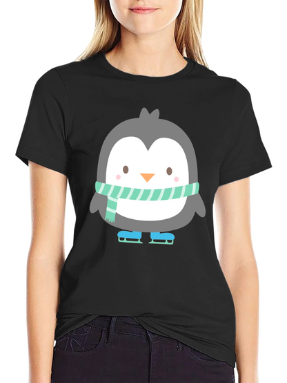 Cute Penguin Ice Skating Black T-Shirt