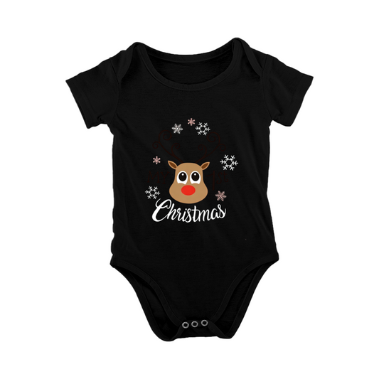 Cute Rudolph Reindeer Snowflake Christmas Print Black Newborn Holiday Bodysuit