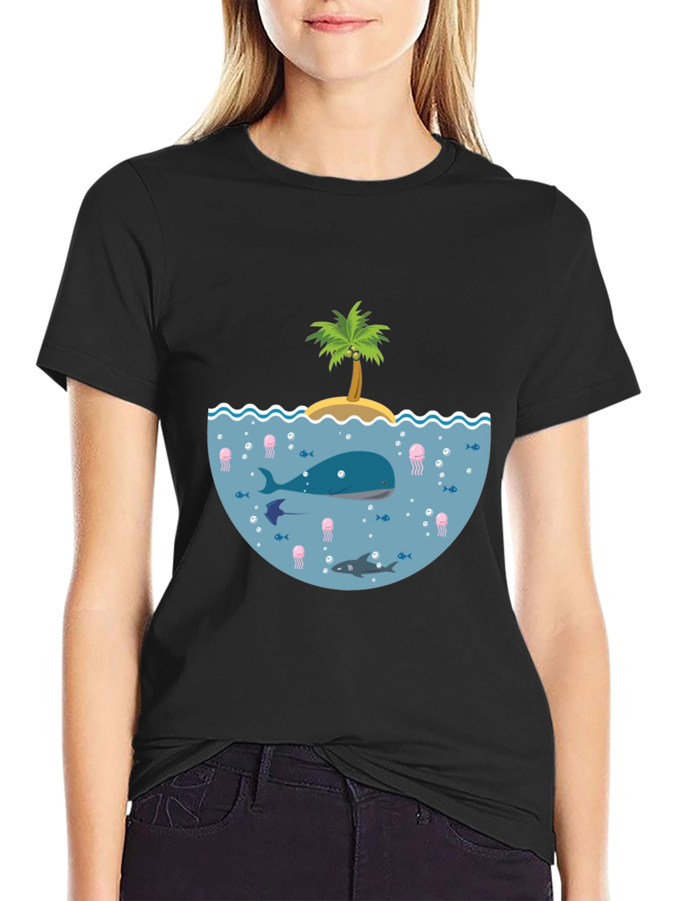 Ocean Life Graphic Tee - Black Cotton T-Shirt