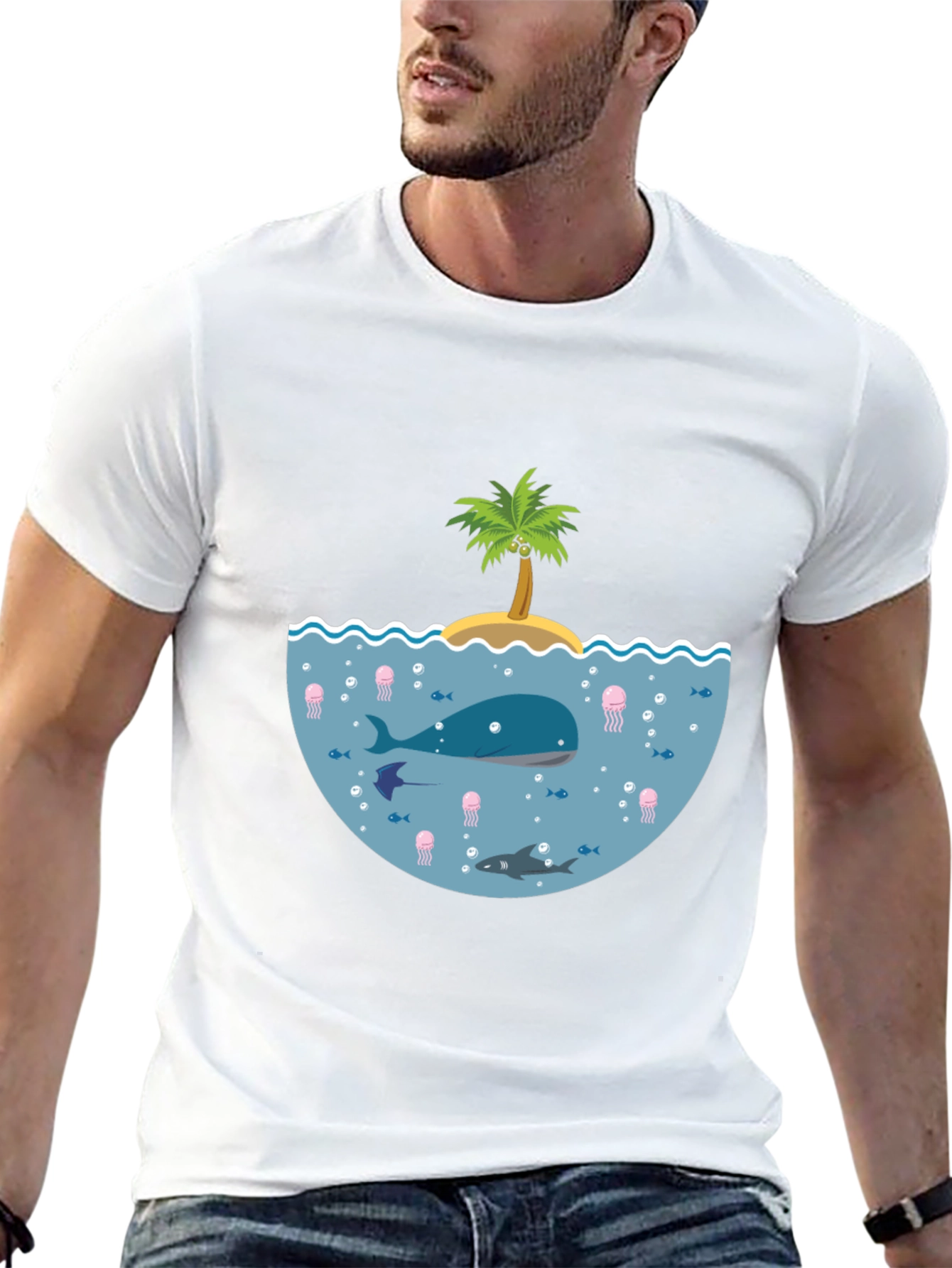 Ocean Life Graphic Tee - Black Cotton T-Shirt
