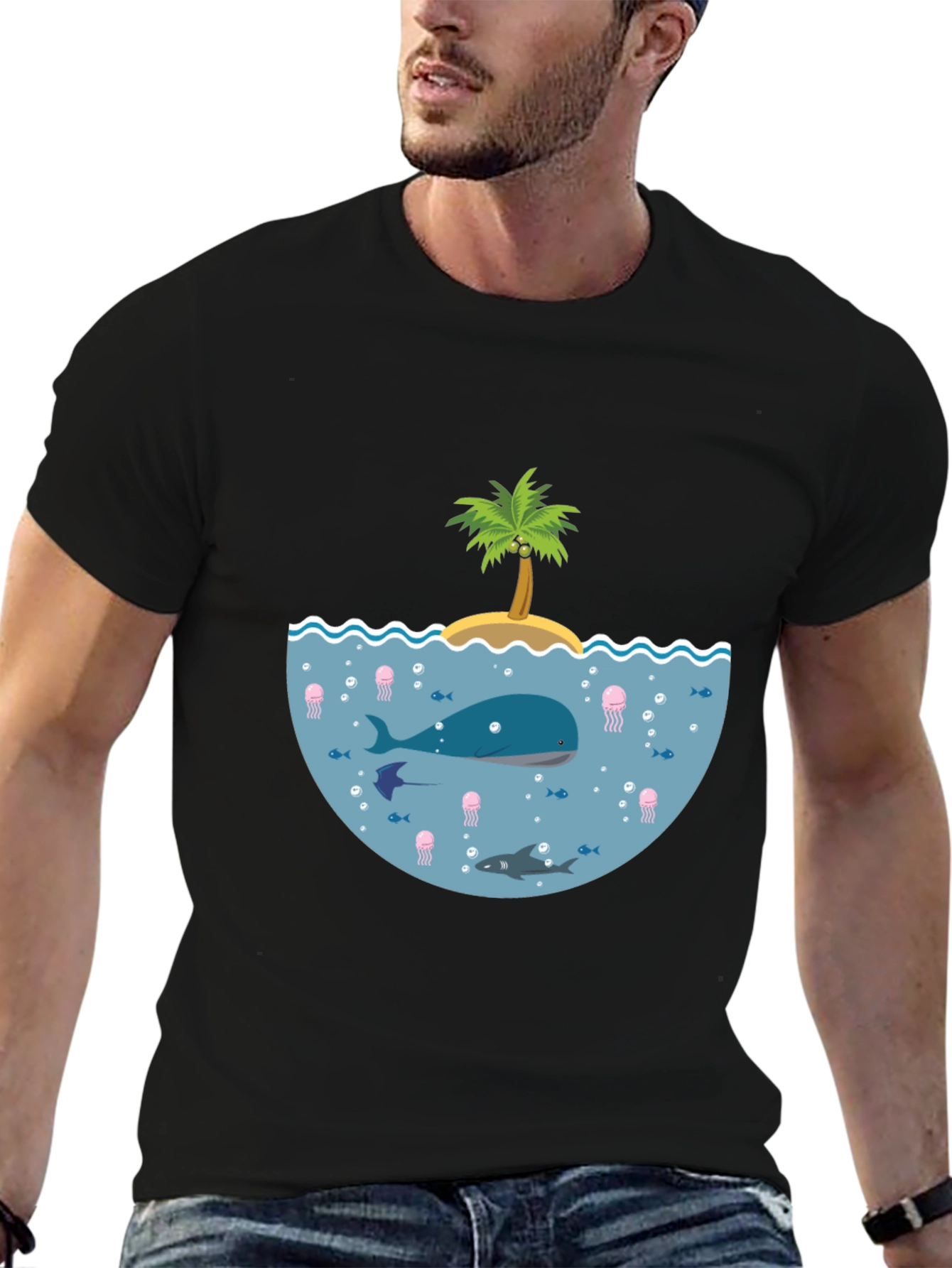 Ocean Life Graphic Tee - Black Cotton T-Shirt