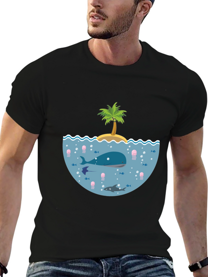 Ocean Life Graphic Tee - Black Cotton T-Shirt