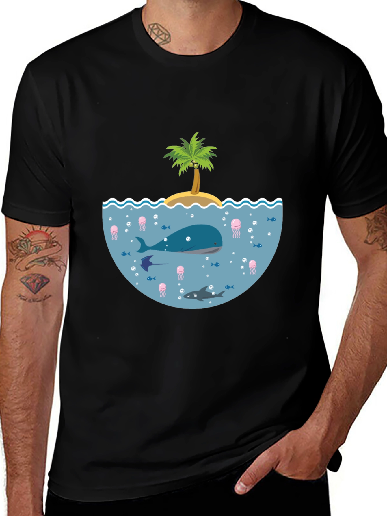Ocean Life Graphic Tee - Black Cotton T-Shirt