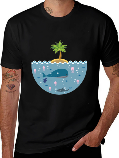 Ocean Life Graphic Tee - Black Cotton T-Shirt