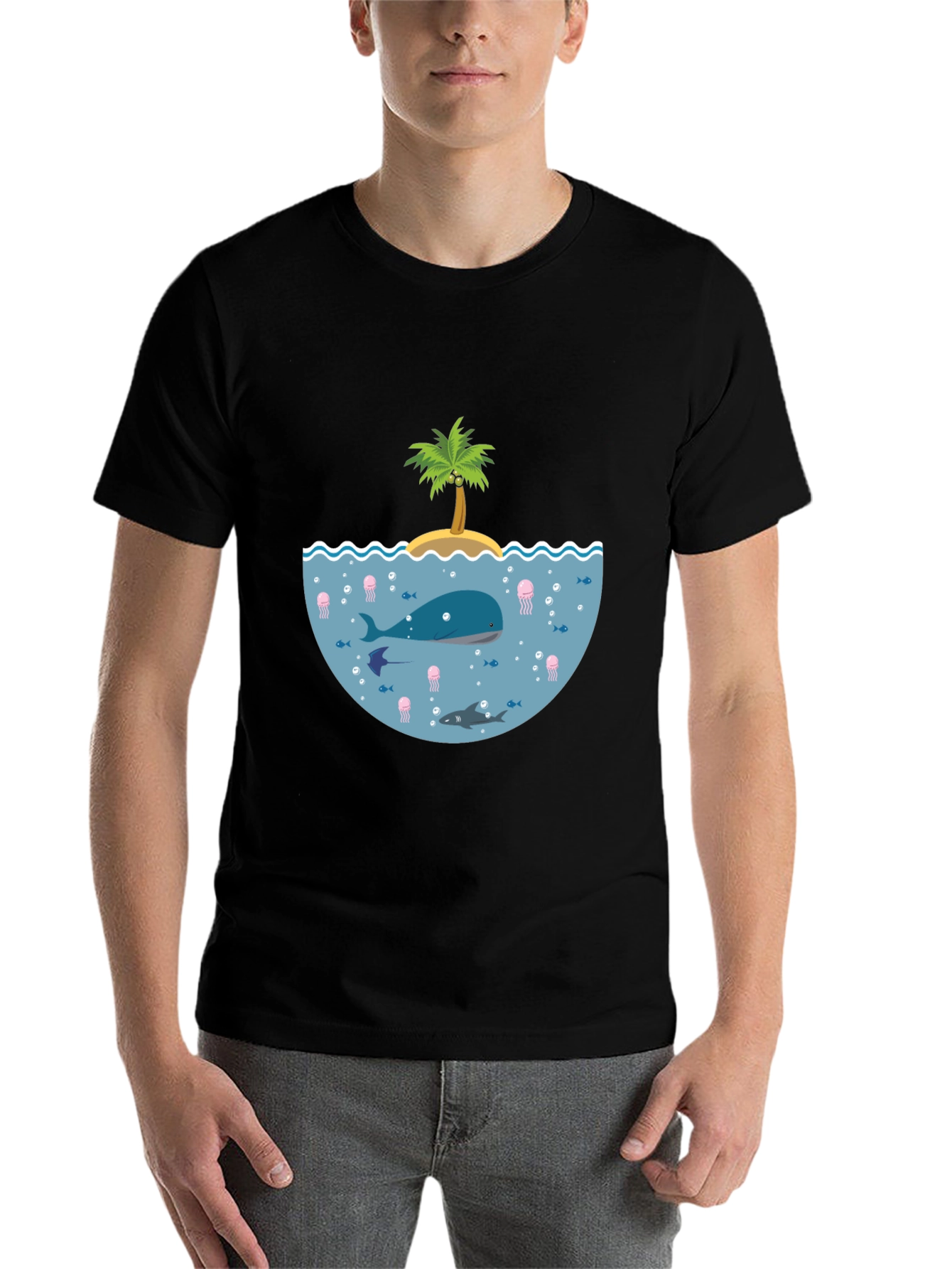 Ocean Life Graphic Tee - Black Cotton T-Shirt