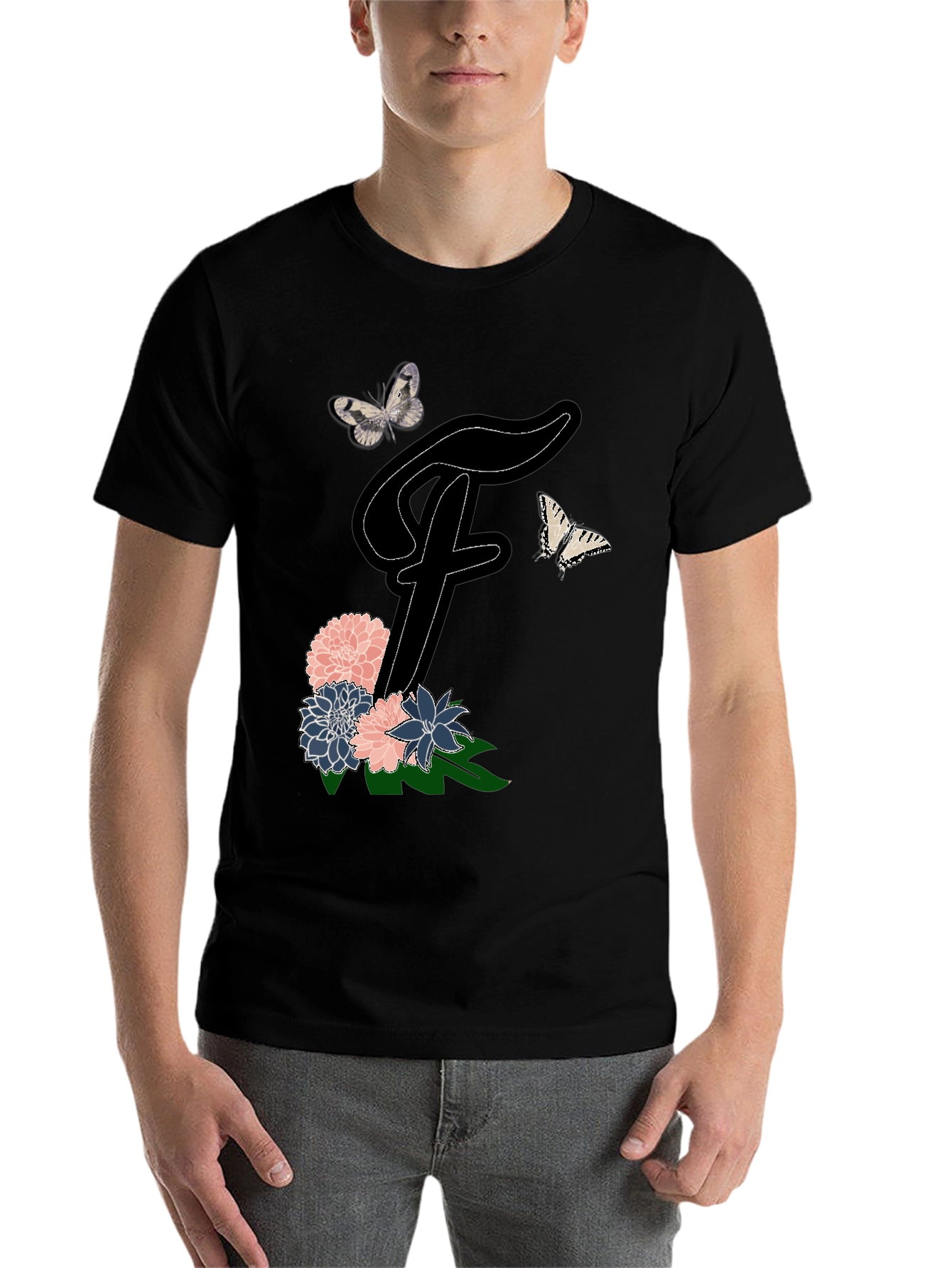 Floral Letter F T-Shirt Butterfly Tee