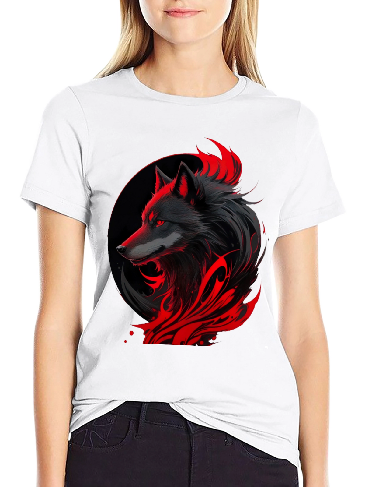 Black Wolf Graphic Tee - Red Accents