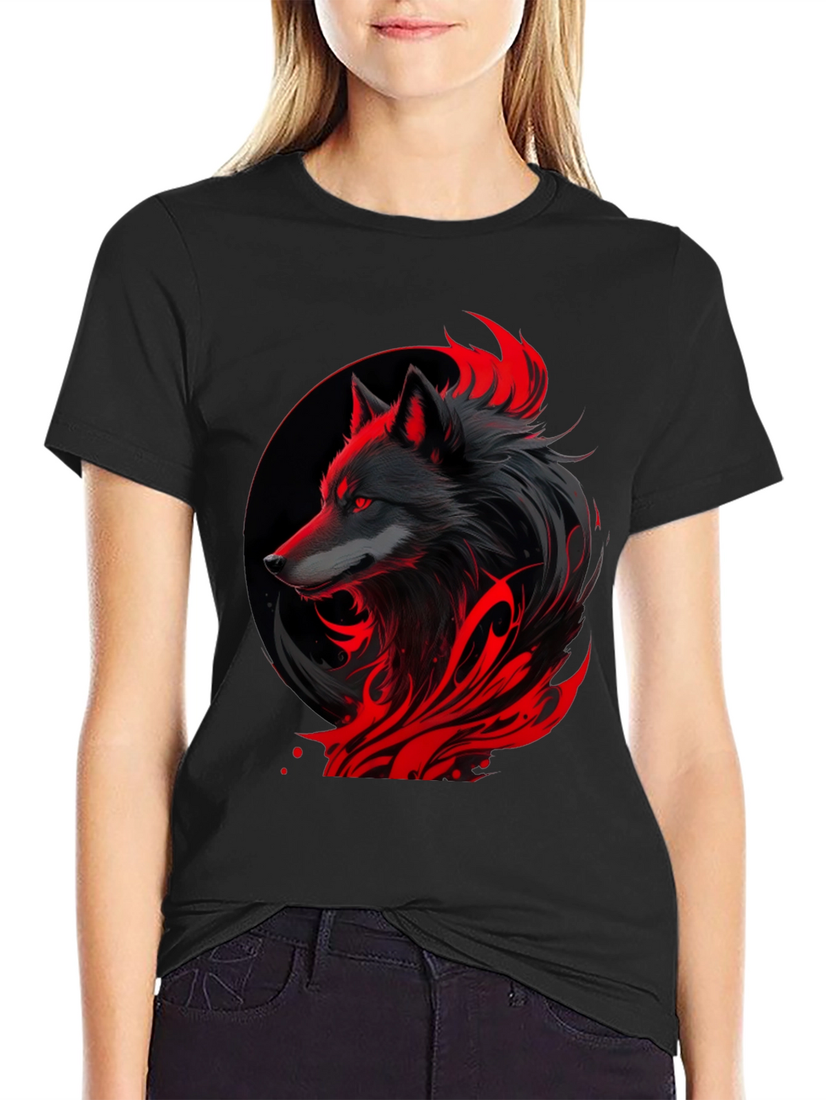 Black Wolf Graphic Tee - Red Accents