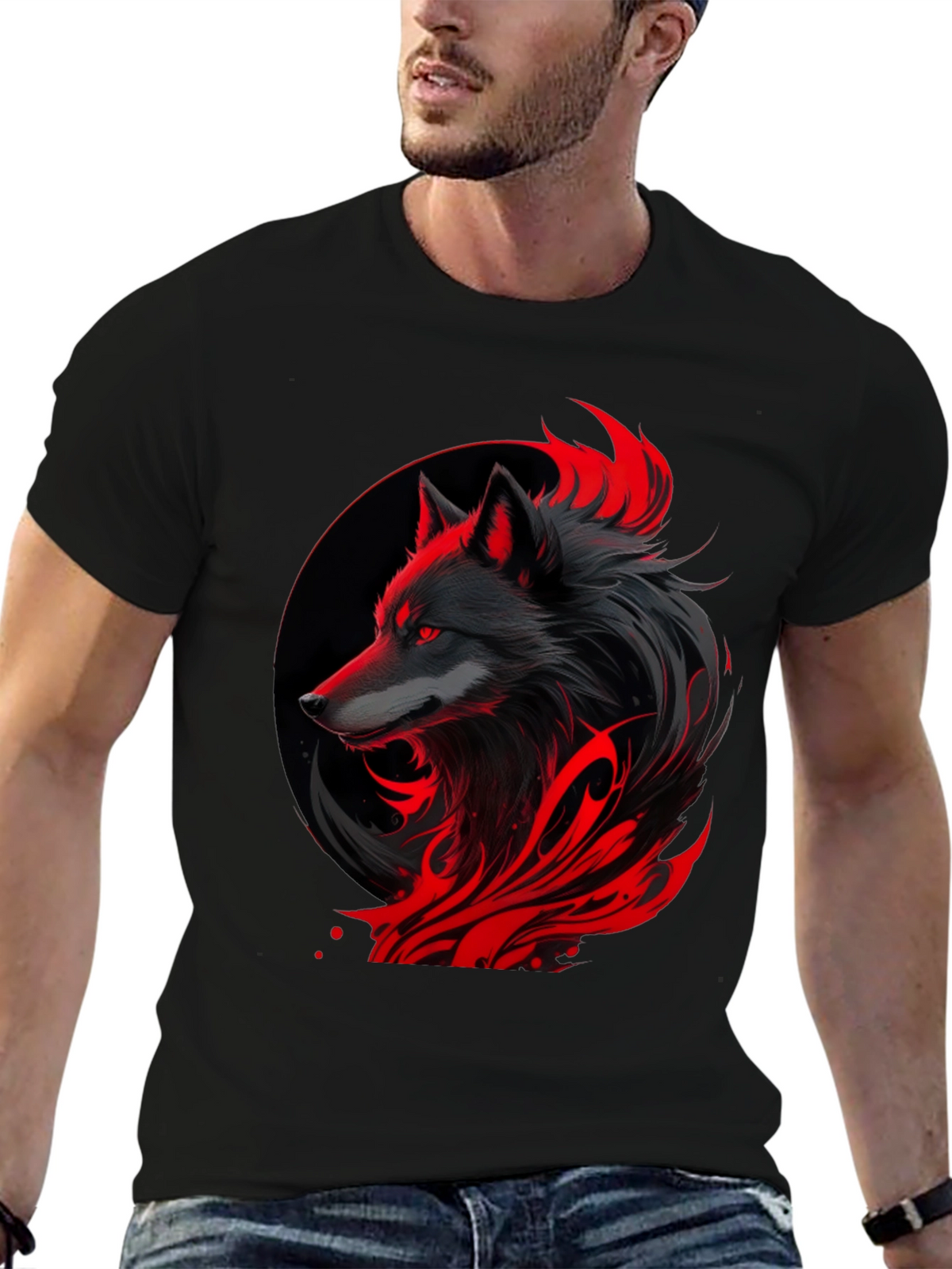 Black Wolf Graphic Tee - Red Accents