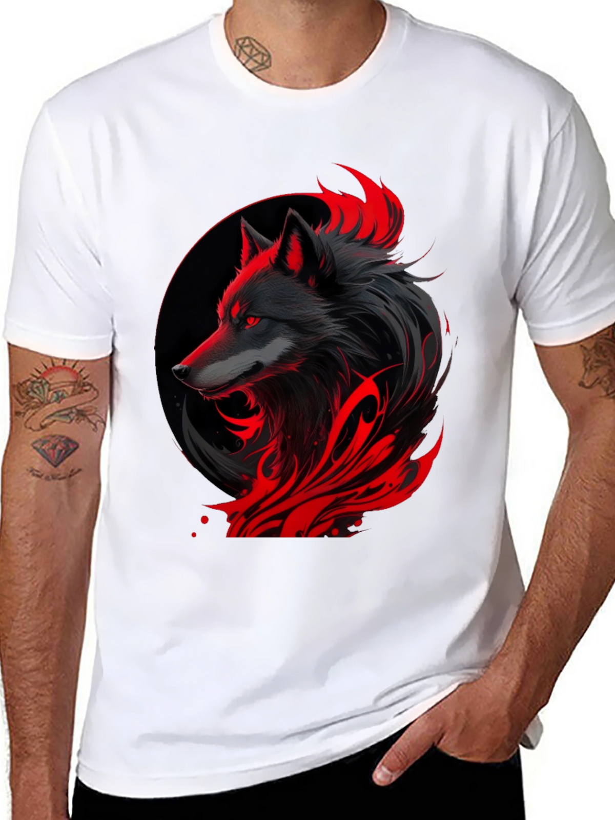 Black Wolf Graphic Tee - Red Accents