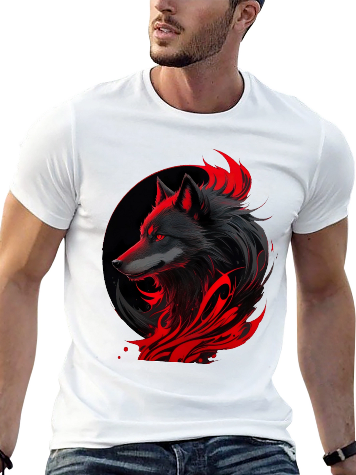 Black Wolf Graphic Tee - Red Accents