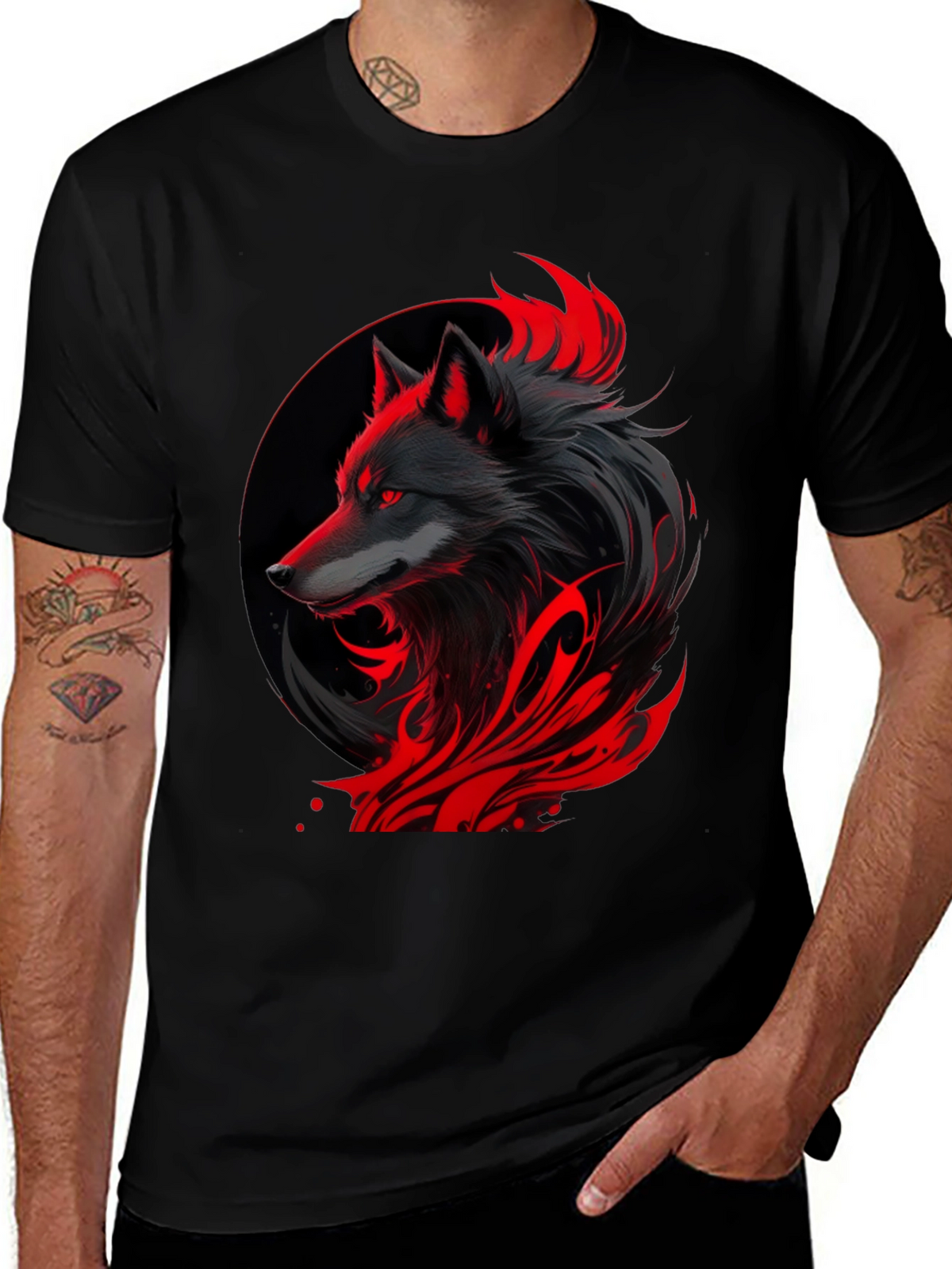 Black Wolf Graphic Tee - Red Accents