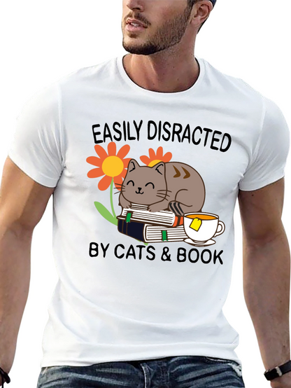 Easily Distracted Cat & Book T-Shirt