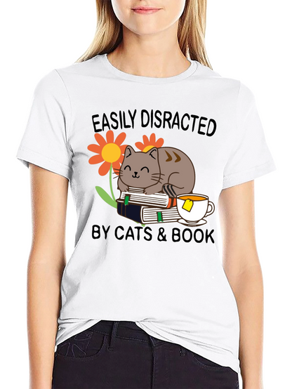 Easily Distracted Cat & Book T-Shirt