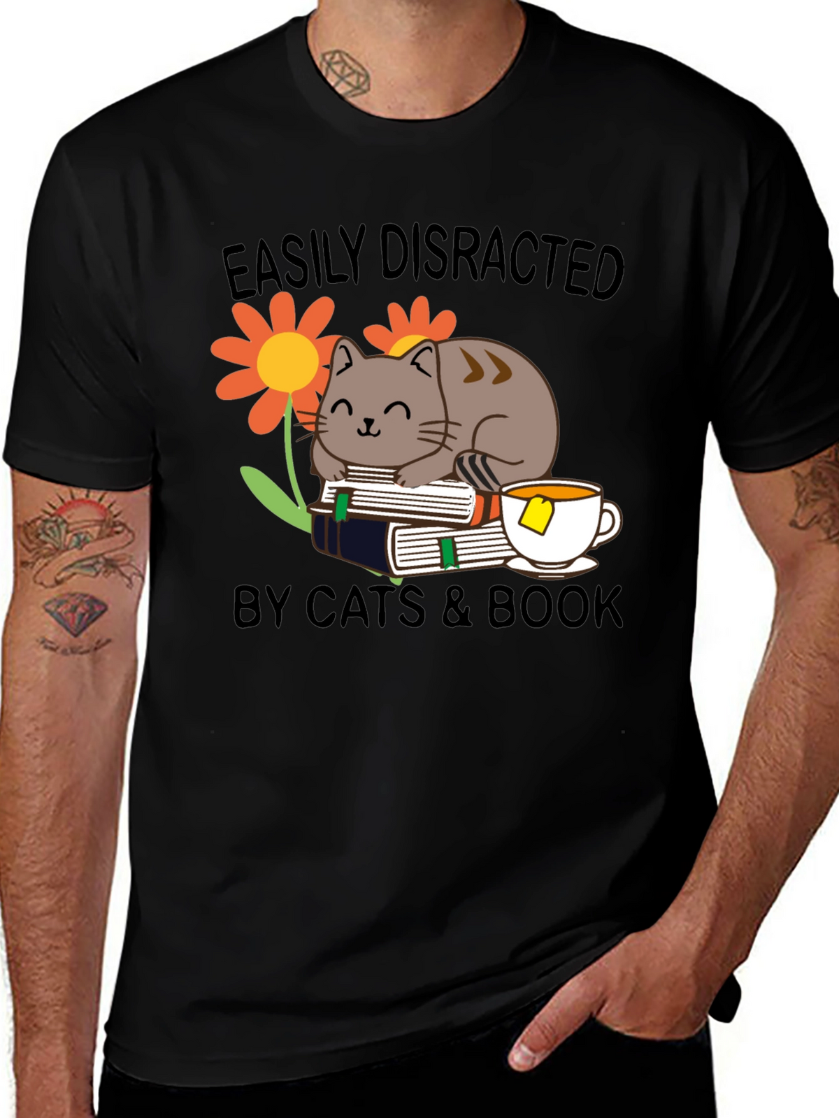 Easily Distracted Cat & Book T-Shirt