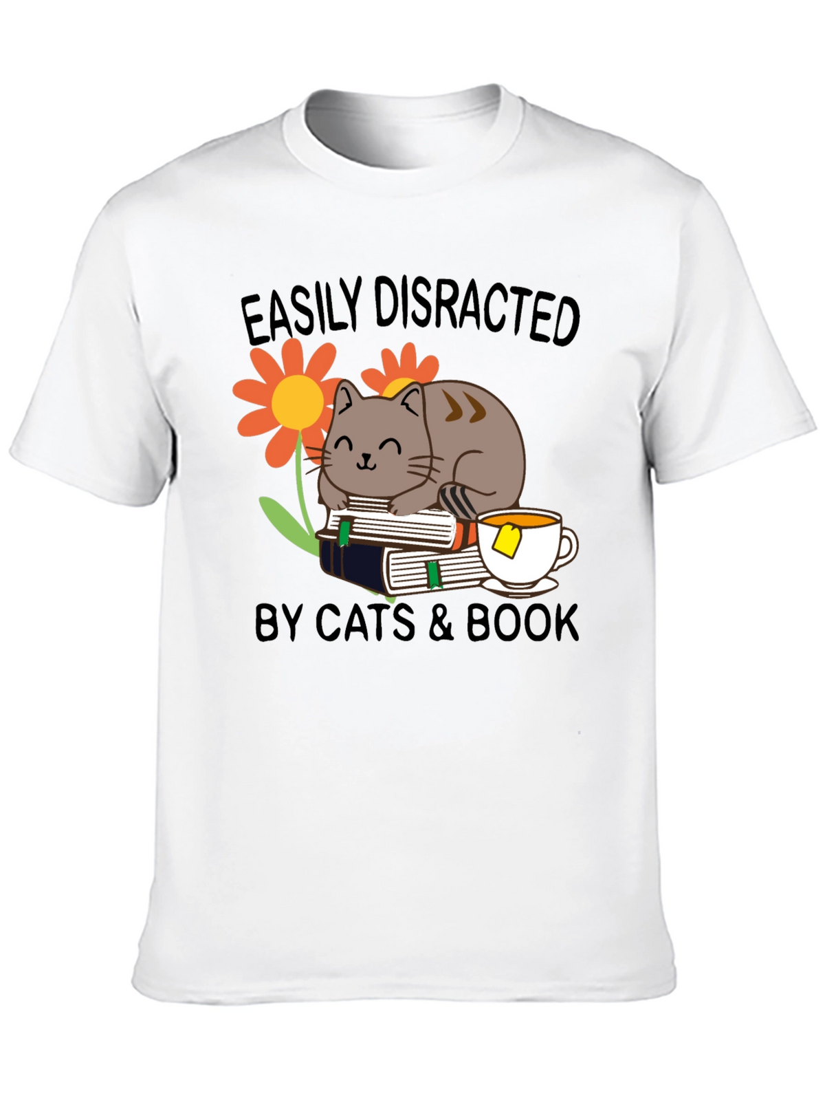 Easily Distracted Cat & Book T-Shirt