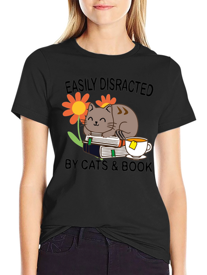 Easily Distracted Cat & Book T-Shirt