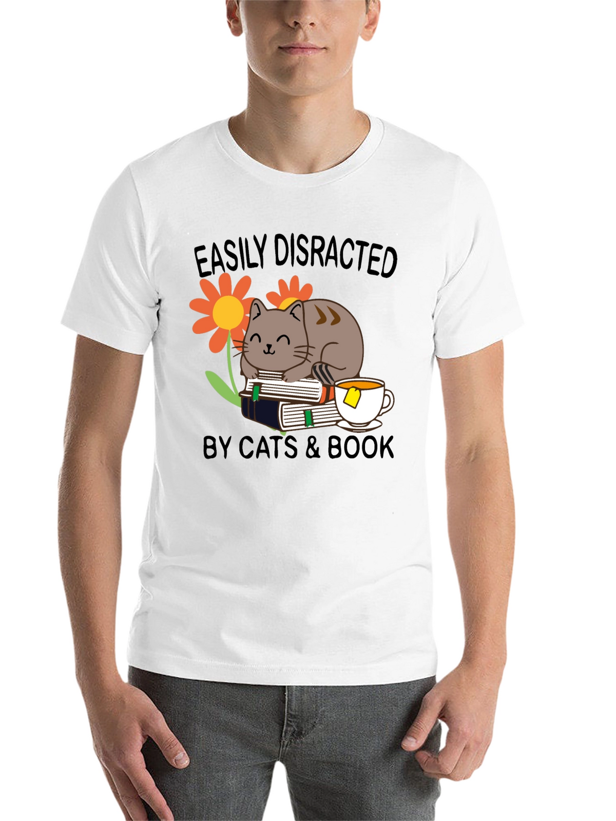 Easily Distracted Cat & Book T-Shirt
