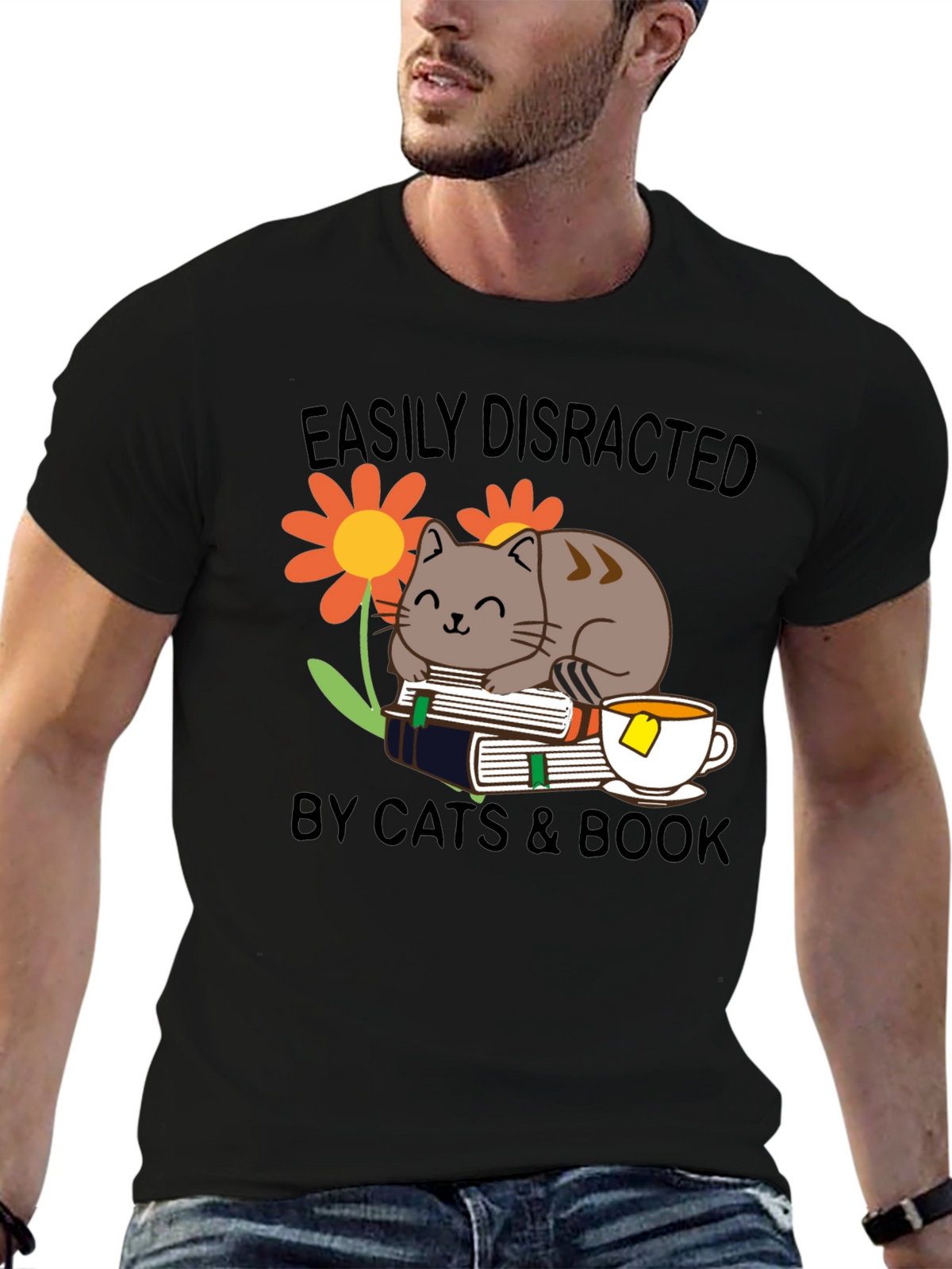 Easily Distracted Cat & Book T-Shirt