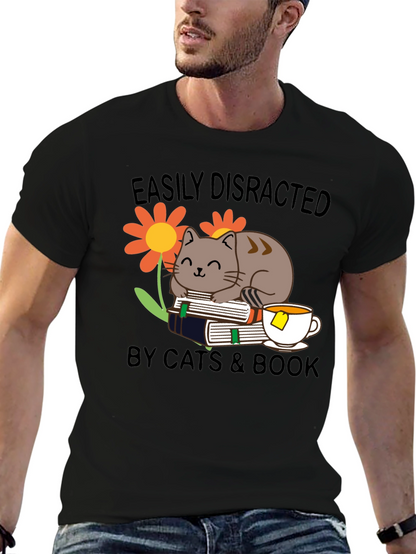Easily Distracted Cat & Book T-Shirt