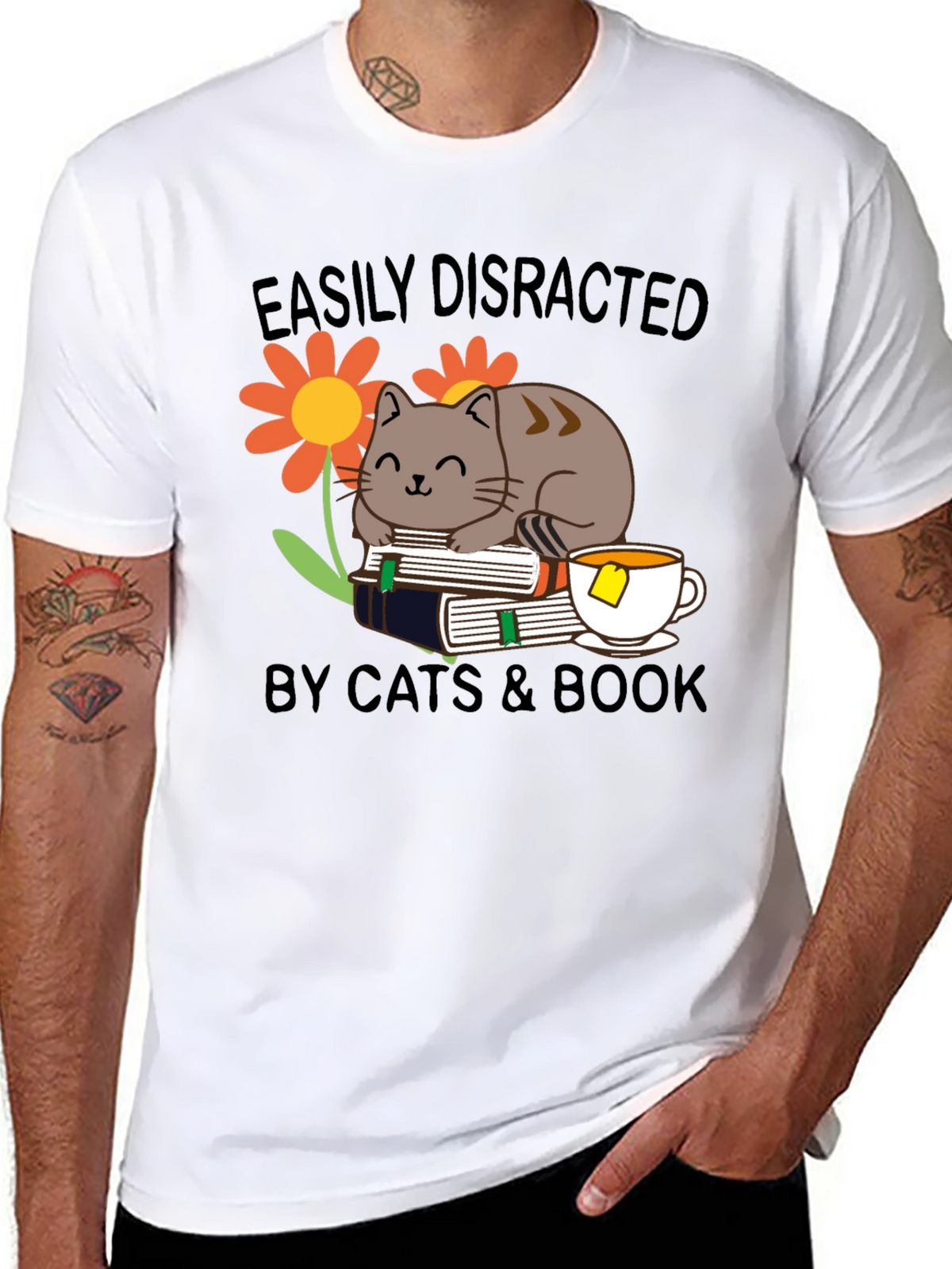 Easily Distracted Cat & Book T-Shirt