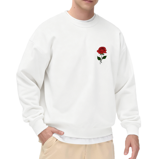 Minimal Single Red Rose Chest Print Crewneck Sweatshirt