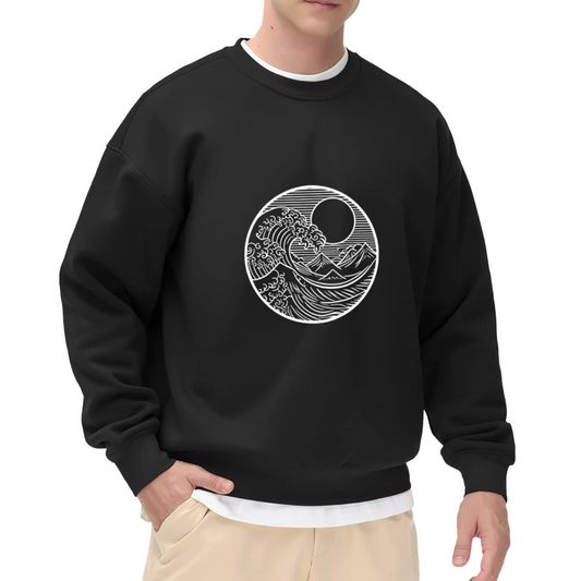 Japanese Great Wave Off Kanagawa Circle Print Minimal Crewneck Sweatshirt