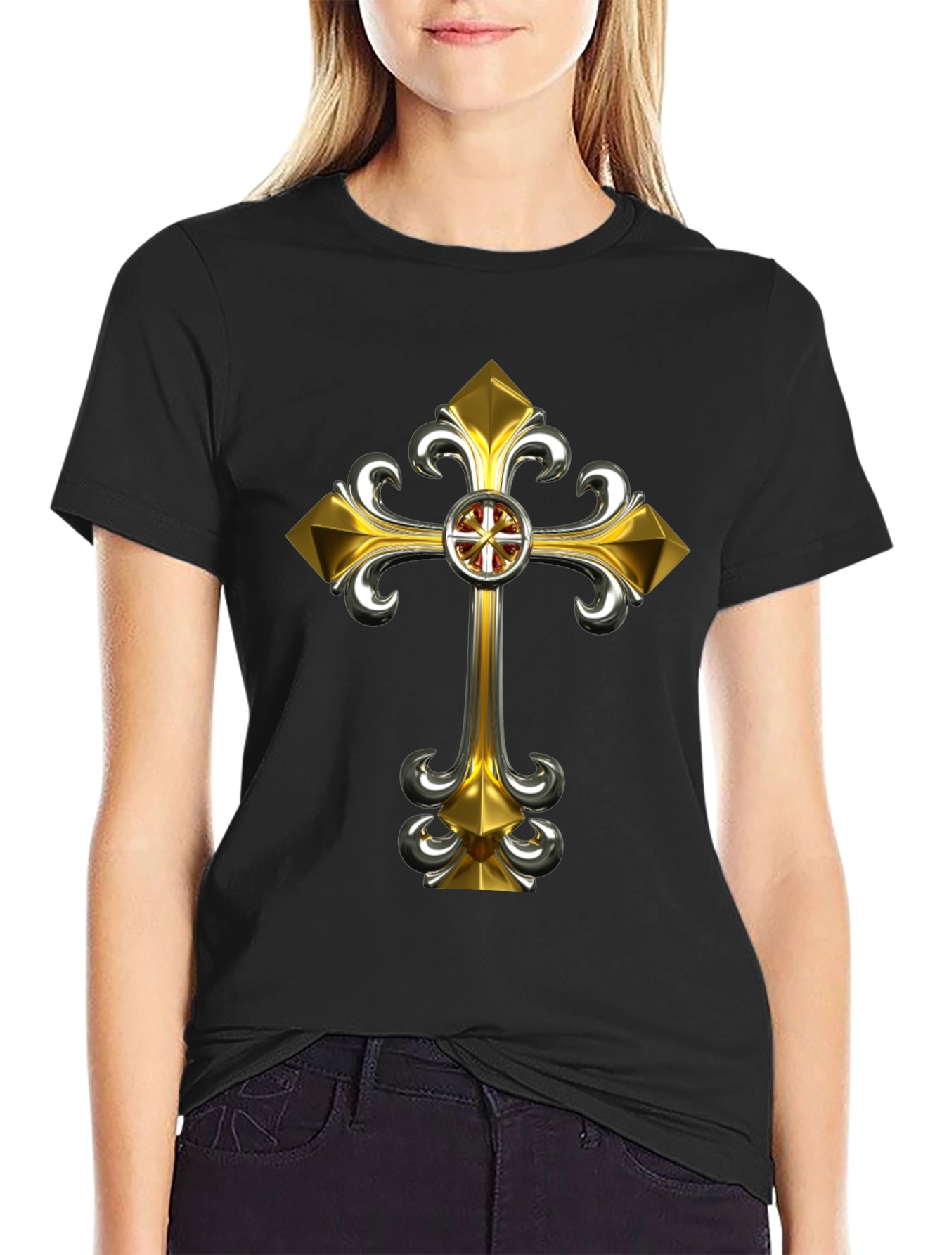 Gothic Gold Cross Graphic Tee - Black