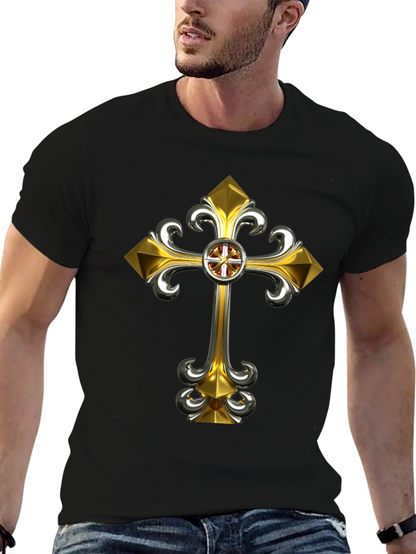 Gothic Gold Cross Graphic Tee - Black