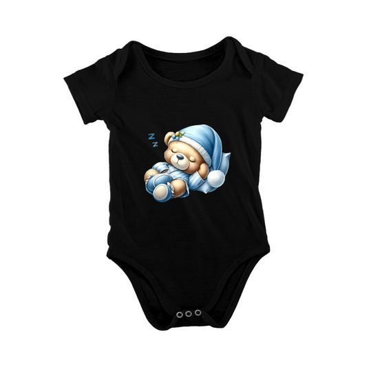 Sleepy Blue Nightcap Teddy Bear Soft Black Baby Bodysuit