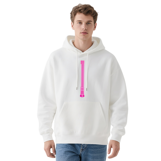 Pink Vertical Zipper Minimal Cute Comfort White Hoodie, Simple Streetwear