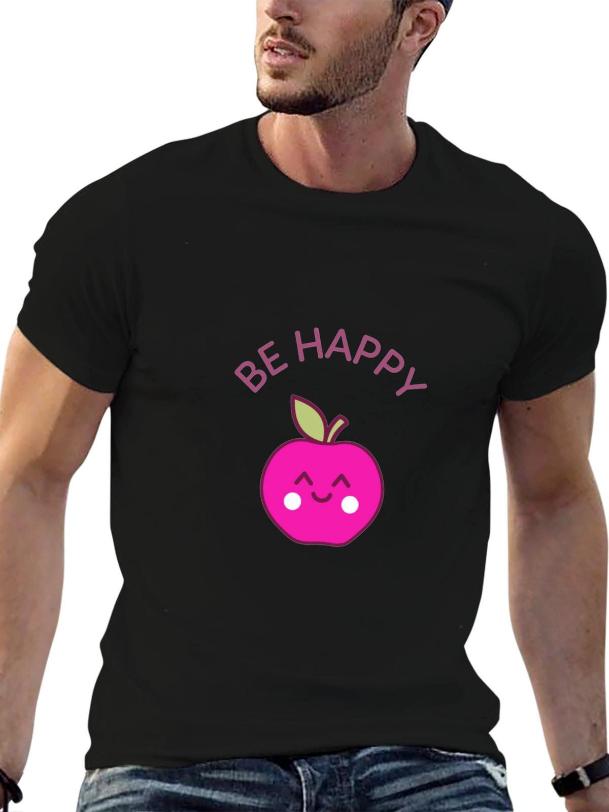 Be Happy Apple Graphic Tee - Black
