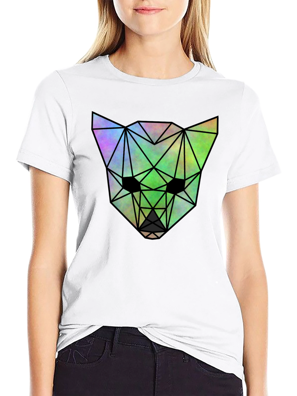 Geometric Wolf Graphic Tee - Black Cotton Blend