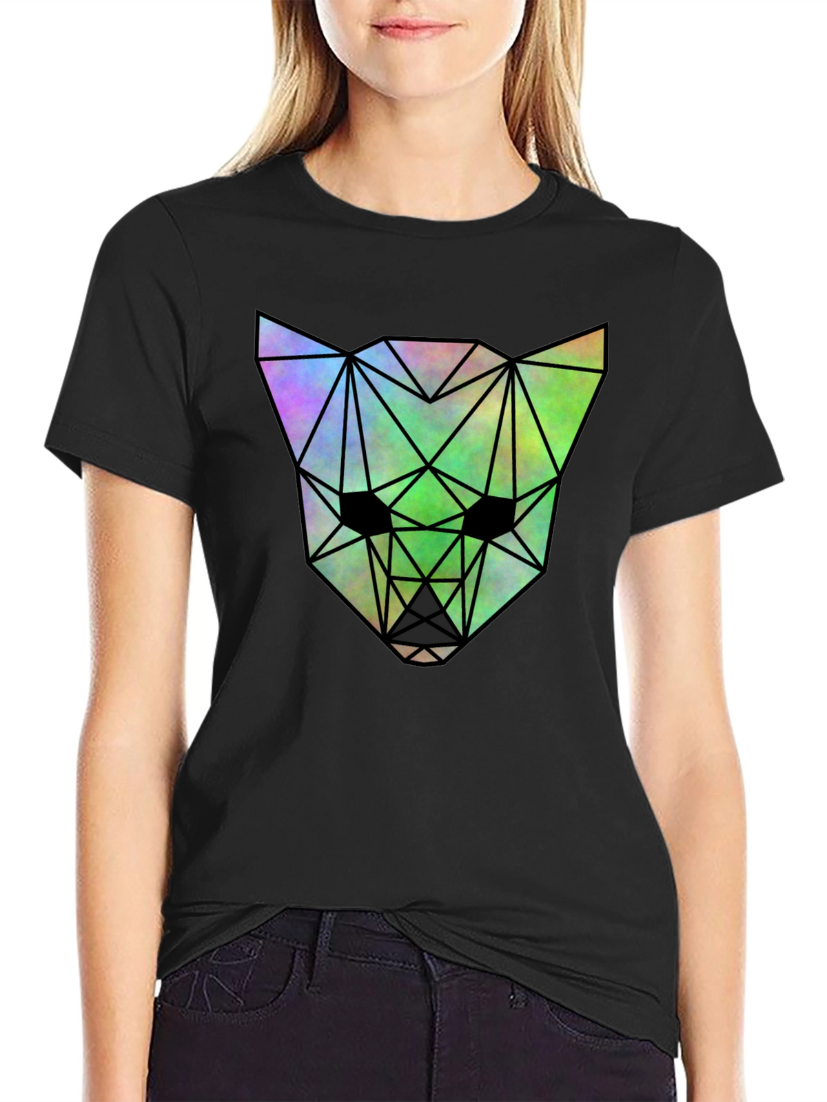 Geometric Wolf Graphic Tee - Black Cotton Blend